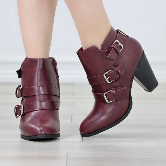 Ankle Boots Block Cone Heel Synthetic Leather Wine Almond Toe Buckles Zipper - Picture 5 of 12